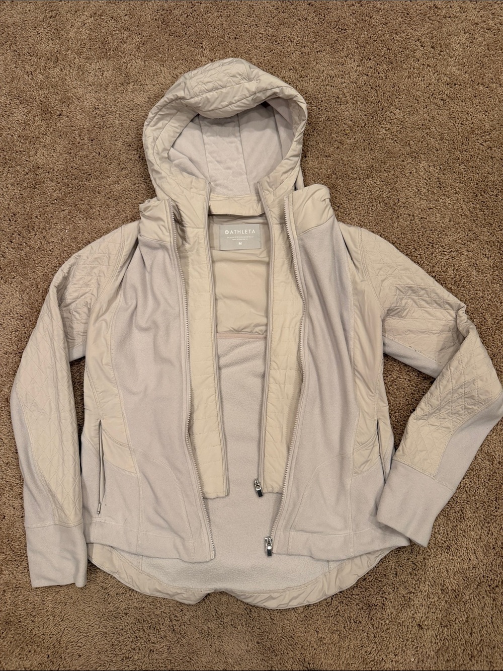 Athleta Women's Light Taupe Hooded Quilted Bomber Jacket